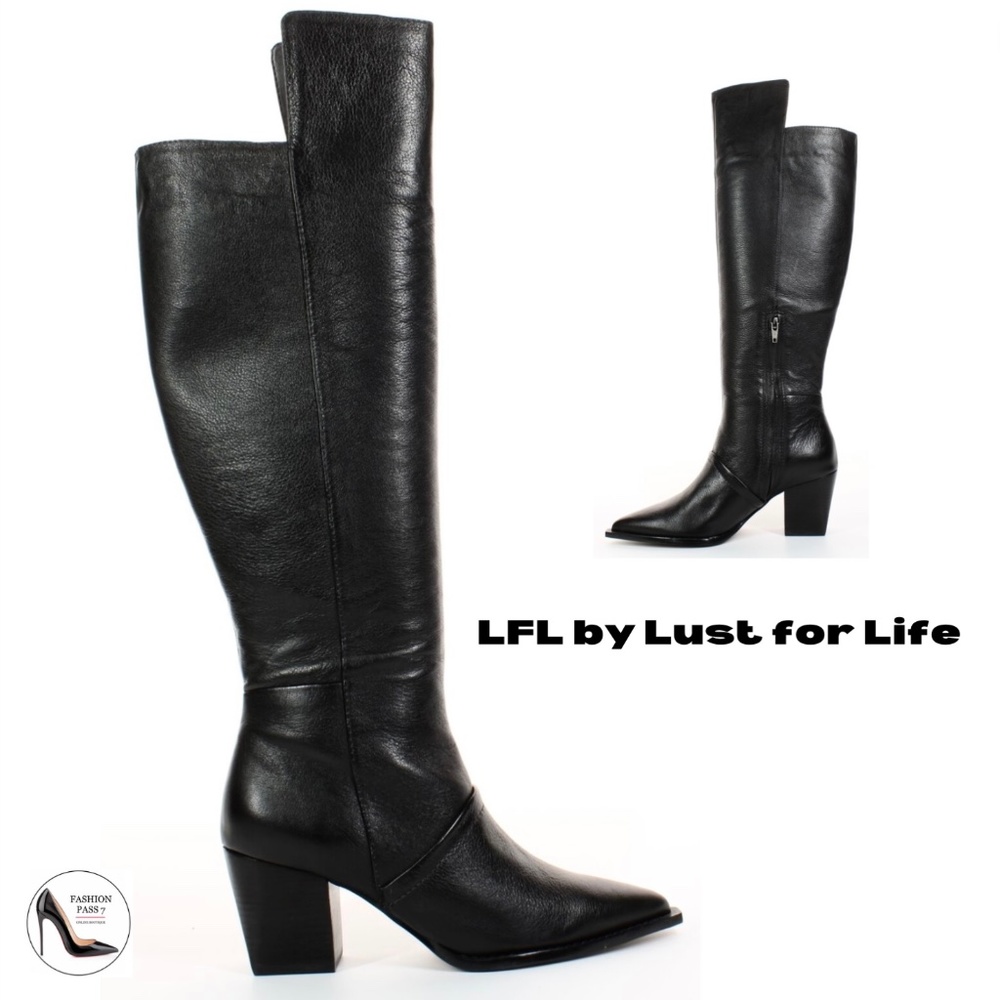 LFL by Lust for Life Womens Black Leather Block Heel Fashion Over the Knee Boots